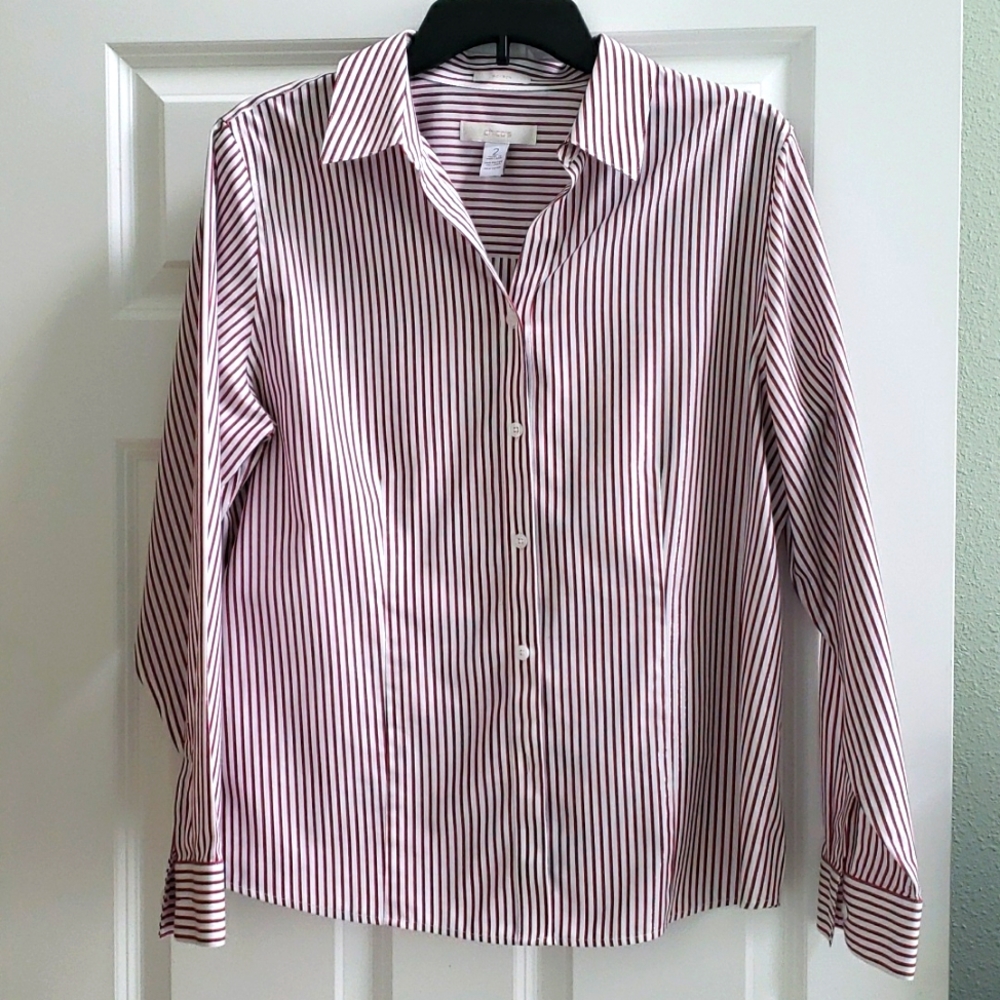 Chico's size 2 no iron blouse. Red/black stripes with silver threads.